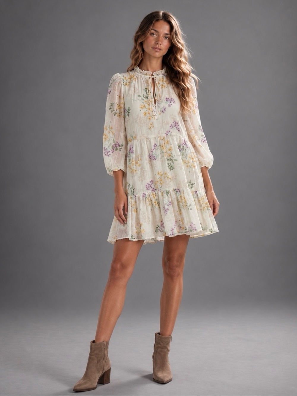 Taylor Cream Floral Ruffle Neck Tiered Mini Dress Pockets